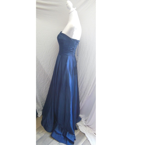 NEW LA FEMME Navy STRAPLESS Sweetheart PLEATED Satin HIGH SLIT Evening BALL GOWN - Picture 8 of 16